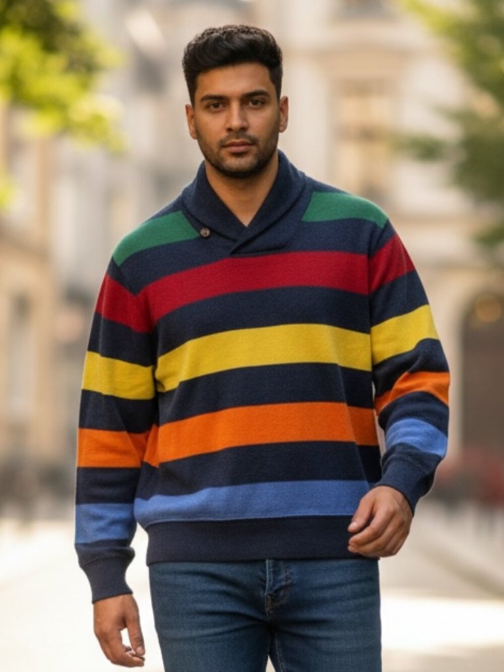 Cremieux Rugby‎ Multicolor Striped Shawl Collar Sweater Mens L #209V